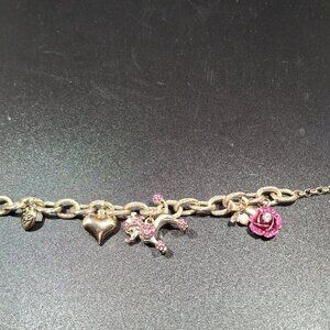 Betsey Johnson Pink Rhinestone Poodle Rose and Hearts Bracelet